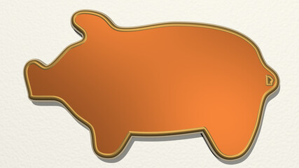 pig on the wall. 3D illustration of metallic sculpture over a white background with mild texture. animal and cute