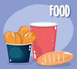fast food menu restaurant unhealthy chicken in box soda and bread