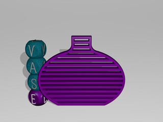 3D graphical image of vase vertically along with text built around the icon by metallic cubic letters from the top perspective. excellent for the concept presentation and slideshows. background and