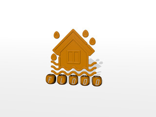 3D representation of FLOOD with icon on the wall and text arranged by metallic cubic letters on a mirror floor for concept meaning and slideshow presentation. water and river