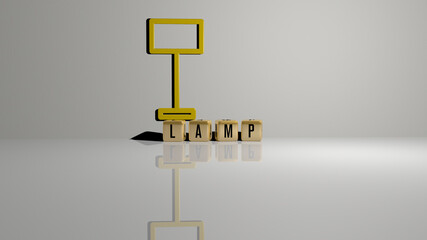 3D representation of LAMP with icon on the wall and text arranged by metallic cubic letters on a mirror floor for concept meaning and slideshow presentation. background and illustration - obrazy, fototapety, plakaty