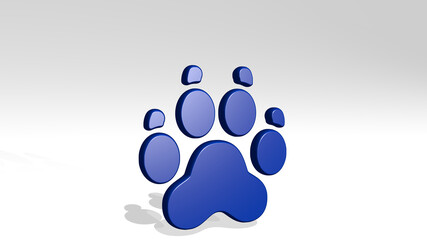 ANIMAL PRINT PAW made by 3D illustration of a shiny metallic sculpture with the shadow on light background. cute and beautiful