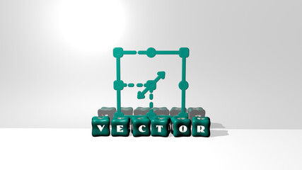 3D representation of vector with icon on the wall and text arranged by metallic cubic letters on a mirror floor for concept meaning and slideshow presentation