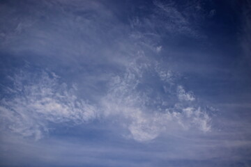 Obraz premium Group of small white tufts of cloud, floating under a misty blue sky.