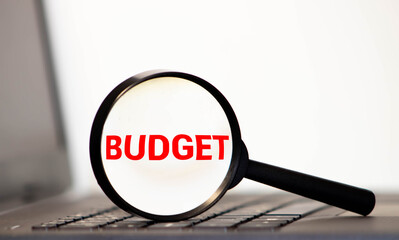 Budget - text on paper sheet with magnifying glass on chart, pen on wooden table - business, banking, finance and investment concept