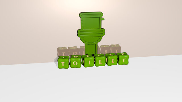 3D graphical image of TOILET vertically along with text built by metallic cubic letters from the top perspective, excellent for the concept presentation and slideshows. bathroom and illustration