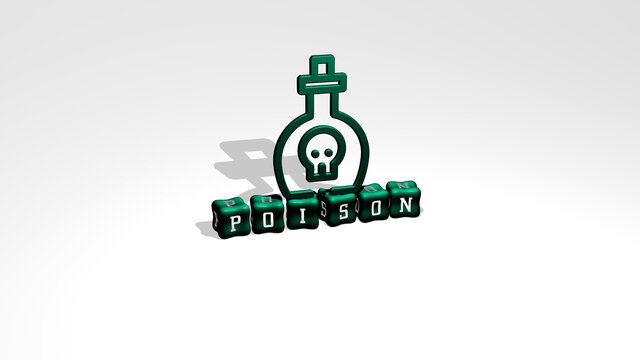 3D representation of POISON with icon on the wall and text arranged by metallic cubic letters on a mirror floor for concept meaning and slideshow presentation. illustration and background