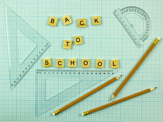 set of stationery for design and drawing. simple pencil, set of rulers and protractor. lettering back to school