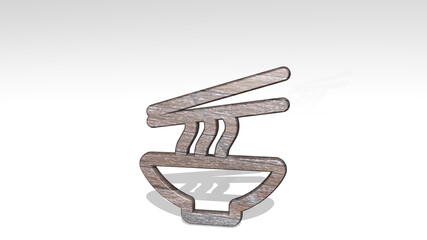 asian food noodles bowl made by 3D illustration of a shiny metallic sculpture casting shadow on light background. beautiful and woman