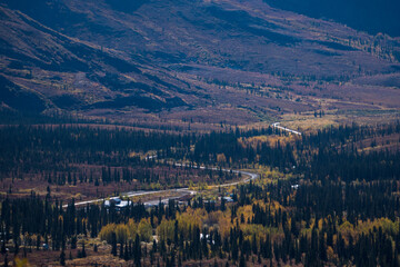 Dempster Highway from Above in Fall in the Yukon with Tombstone Park in the  middle 