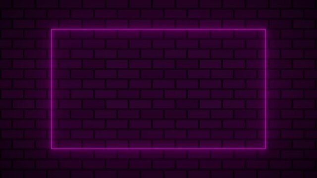 Empty frame with electric power round border glowing, pink color neon lightning sign on brick wall background. Blank rectangle neon light, electric power around frame lights. Empty background