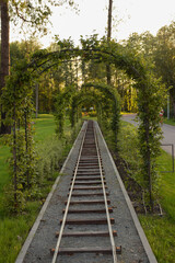 Children's railway in a summer park in perspective with an arch made of weaving plants
