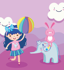 Obraz na płótnie Canvas toys object for small kids to play cartoon, little girl with ball rabbit and elephant