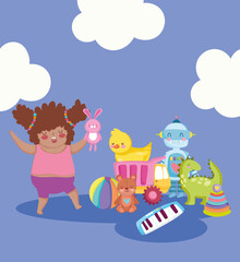 Fototapeta premium toy object for small kids to play cartoon, cute girl with rabbit in hand and many toys