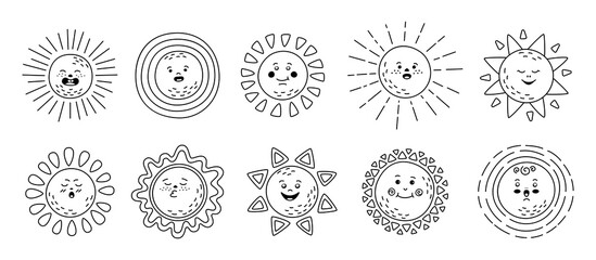 Sun flat linear set. Hand drawn cute suns. Funny outline childish sunny emoticons collection. Smiling sun sunbeams cartoon character. Emoji black line summer emoticons. Isolated vector illustration