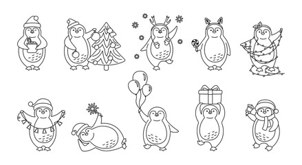 Penguin christmas linear cartoon set. Cute flat hand drawn penguins collection. Line happy character santa hat or horns, tree, garland, gift bell, cup. New year Christmas. Isolated vector illustration