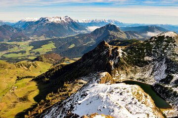 panoramic view from peak of Mt. Wildseeloder towards lake Wildsee, Henne, the valley of Fieberbrunn and the Leoganger Steinberge mountains, Tyrol, Austria