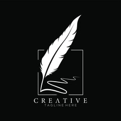 feather pen logo white with square line vector design template