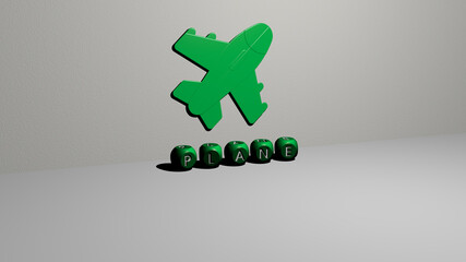 3D graphical image of PLANE vertically along with text built by metallic cubic letters from the top perspective, excellent for the concept presentation and slideshows. airplane and aircraft