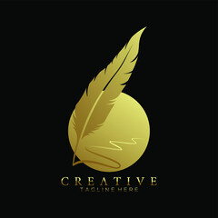 feather pen logo gold with circle gold vector design template