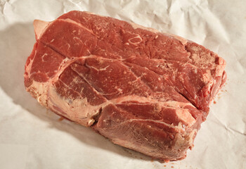 A raw, fresh chuck roast of beef from an artisan butcher in central Pennsylvania, USA. This is sometimes called 