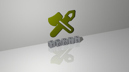 3D illustration of TOOLS graphics and text made by metallic dice letters for the related meanings of the concept and presentations. background and equipment
