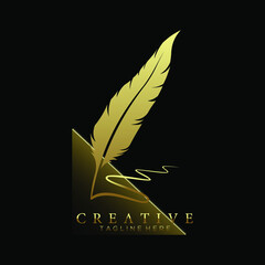 feather pen logo gold with triangle gradation vector design template