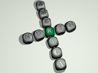 crosswords of NORTH AMERICA arranged by cubic letters on a mirror floor, concept meaning and presentation. blue and illustration