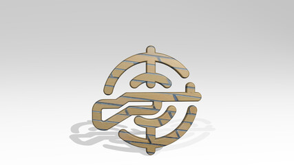 SHOOTING RIFLE AIM made by 3D illustration of a shiny metallic sculpture casting shadow on light background. camera and white