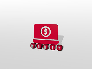 3D illustration of money graphics and text made by metallic dice letters for the related meanings of the concept and presentations. business and background