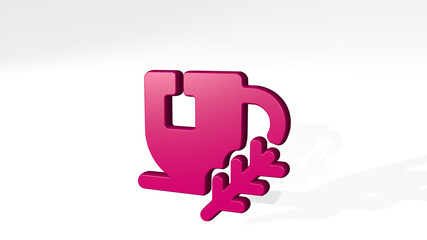 tea cup herbal from a perspective with the shadow. A thick sculpture made of metallic materials of 3D rendering. background and illustration