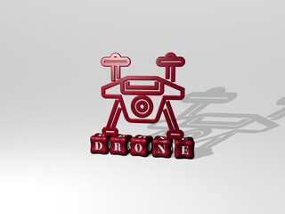 3D representation of drone with icon on the wall and text arranged by metallic cubic letters on a mirror floor for concept meaning and slideshow presentation. aerial and view