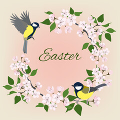 Floral wreath with spring flowers. Vector vintage botanical illustration. Cherry blossoms and titmouse.