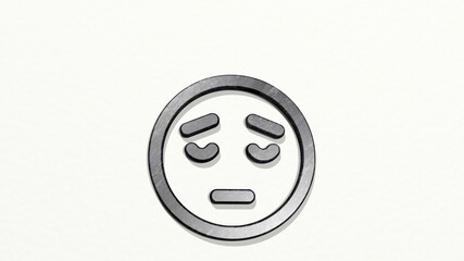 SMILEY DISAPOINTED made by 3D illustration of a shiny metallic sculpture on a wall with light background. face and icon