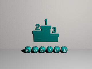 3D representation of PODIUM with icon on the wall and text arranged by metallic cubic letters on a mirror floor for concept meaning and slideshow presentation. illustration and background