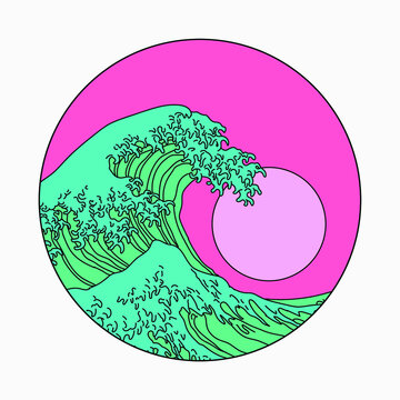 Great Wave off Kanagawa in Vaporwave Pop Art style. View on the ocean's crest leap.