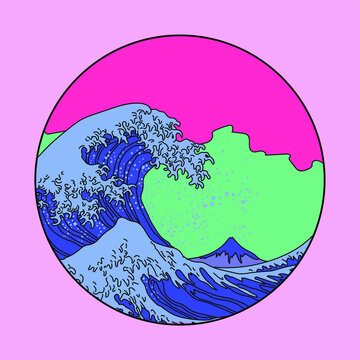View on the ocean's crest leap. Vaporwave Pop Art style illustration for wall poster, cover, fashion print.