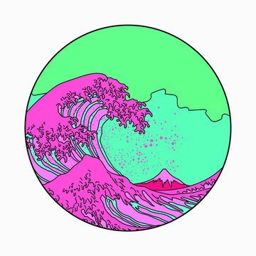 View on the ocean's crest leap. Vaporwave Pop Art style illustration for wall poster, cover, fashion print.