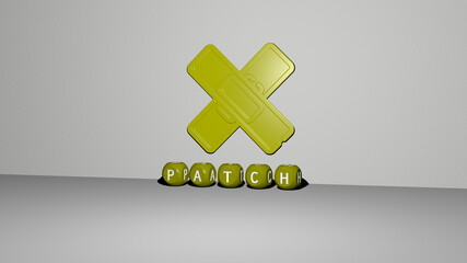 3D illustration of PATCH graphics and text made by metallic dice letters for the related meanings of the concept and presentations. background and design