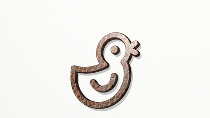 chick 1_ on the wall. 3D illustration of metallic sculpture over a white background with mild texture. bird and chicken
