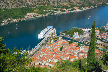 Top view of the Bay of Kotor and the old town. Europe. Montenegro