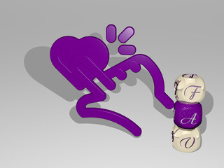 3D illustration of fav graphics and text around the icon made by metallic dice letters for the related meanings of the concept and presentations