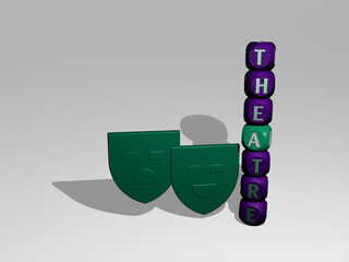 3D illustration of theatre graphics and text around the icon made by metallic dice letters for the related meanings of the concept and presentations. architecture and editorial