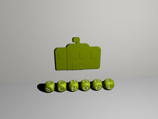 3D representation of school with icon on the wall and text arranged by metallic cubic letters on a mirror floor for concept meaning and slideshow presentation. illustration and education