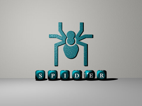 3D representation of SPIDER with icon on the wall and text arranged by metallic cubic letters on a mirror floor for concept meaning and slideshow presentation. background and illustration