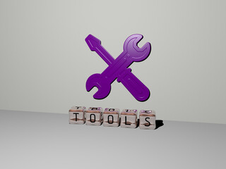 3D illustration of tools graphics and text made by metallic dice letters for the related meanings of the concept and presentations. background and equipment