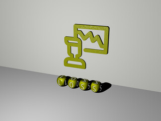3D representation of loss with icon on the wall and text arranged by metallic cubic letters on a mirror floor for concept meaning and slideshow presentation. weight and background
