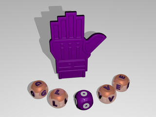 3D illustration of glove graphics and text around the icon made by metallic dice letters for the related meanings of the concept and presentations. hand and background