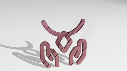 CRAFTS NECKLACE casting shadow from a perspective. A thick sculpture made of metallic materials of 3D rendering. background and art