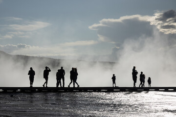 Walking Path bridge of the Grand Prismatic hot spring in Yellowstone, Wyoming, USA